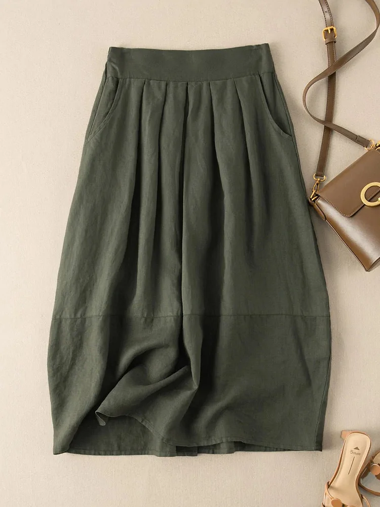 Pure Color Pleated Casual Linen Skirt