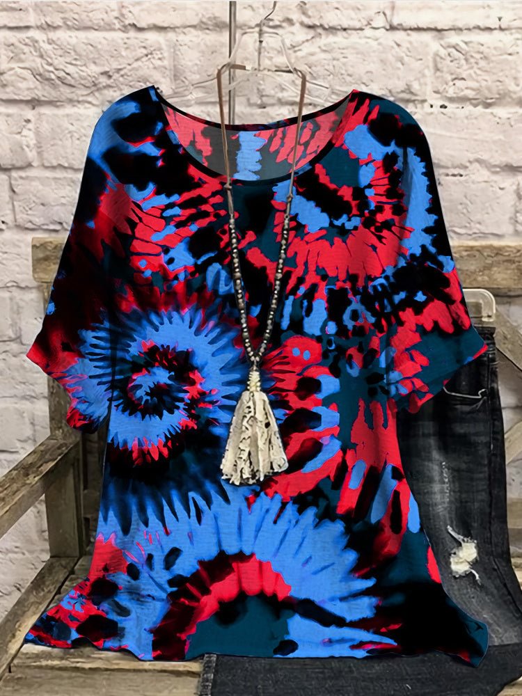 Women Half Sleeve Scoop Neck Graphic Colorblock Blue Women Tops