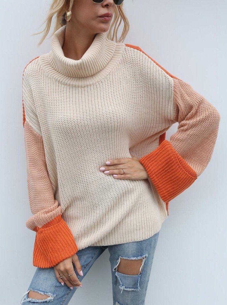 Women Fall/winter New Style Lapel Contrast Color Pullover Sweater