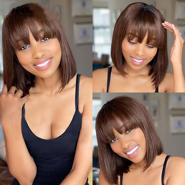 Chestnut Brown Color Bob Wigs with Bangs - Straight Short Non-Lace Human Hair Colored Bob Wigs, Machine Made