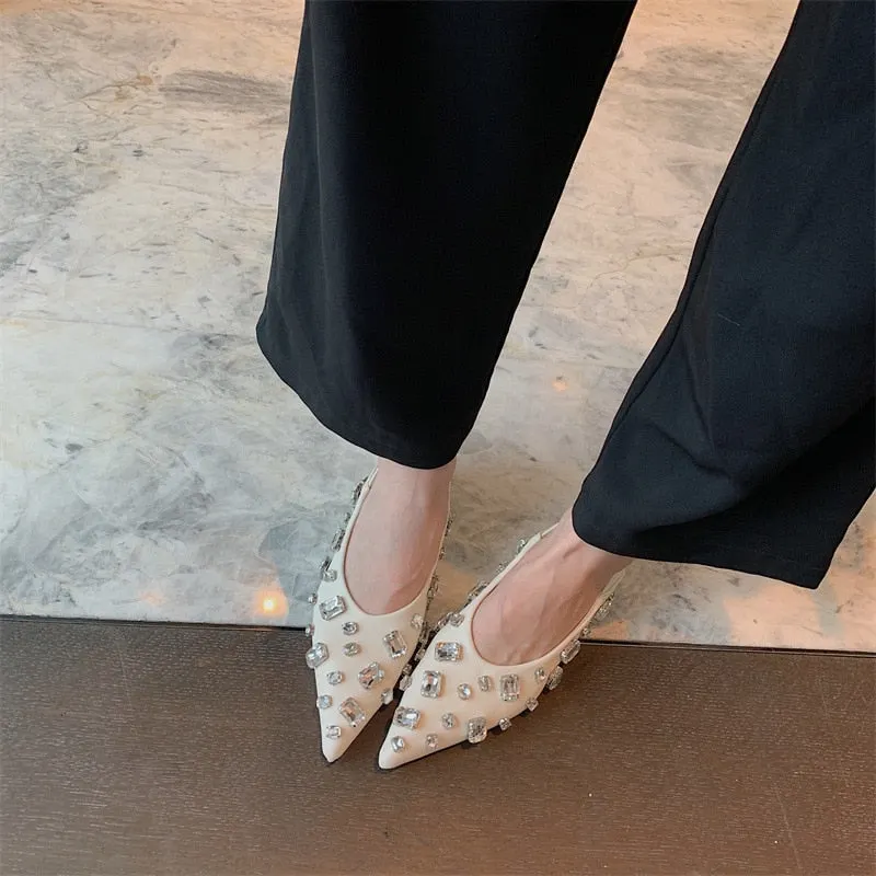 Back to college 2022 Rhinestones Bead Decor Woman Shoes Flats Pointed Toe Slip-On Female Dress Shoes V-Shaped Open Design Elegant Casual Shoes