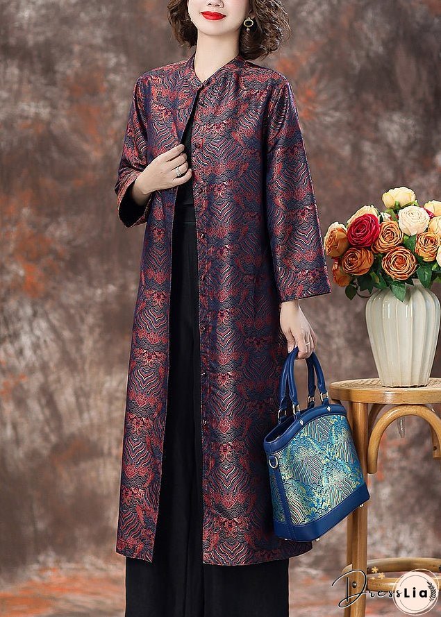 Purple Pockets Silk Coats Stand Collar Long Sleeve
