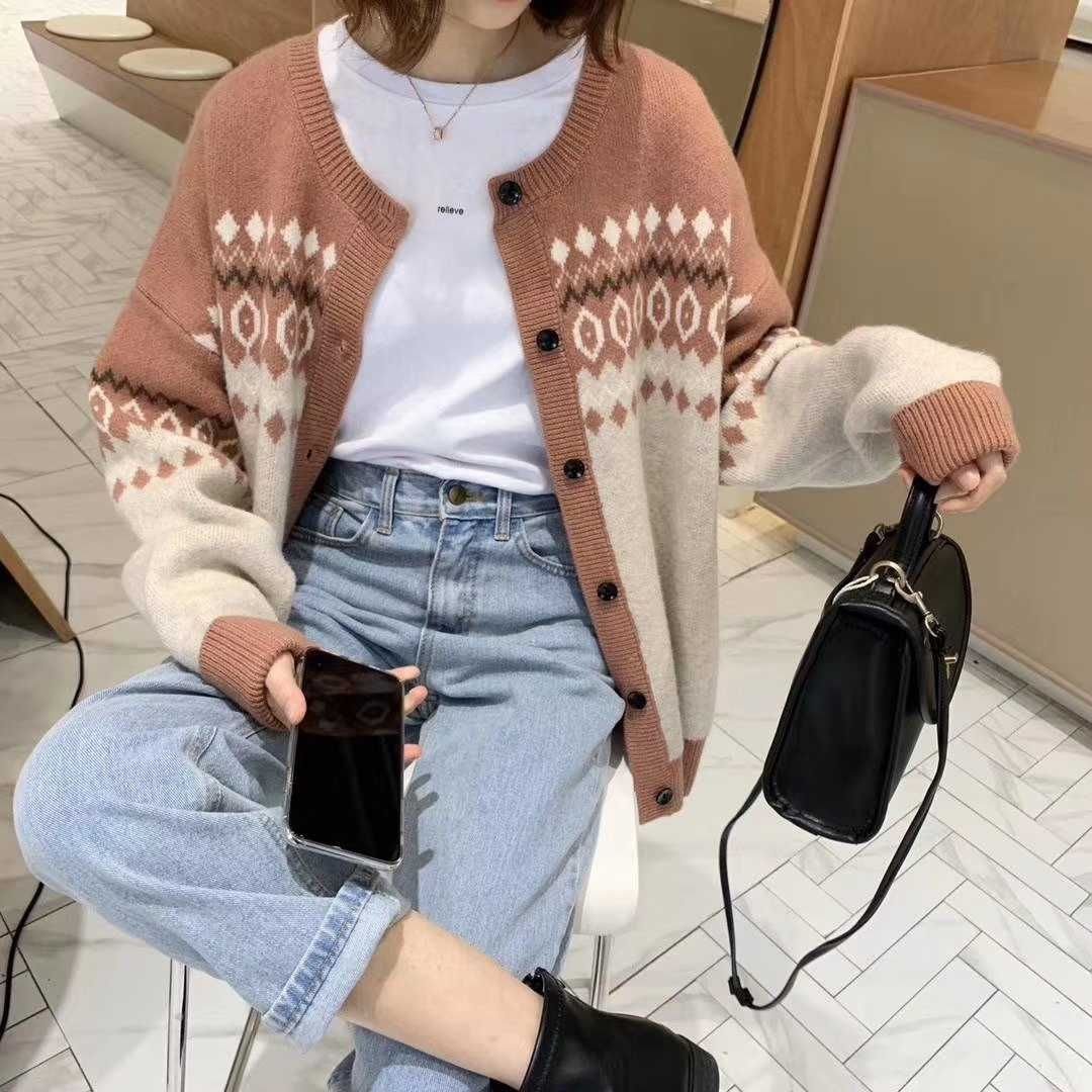 Retro ethnic style 2021 new jacquard sweater knitted women's jacket cardigan women loose round neck ladies top