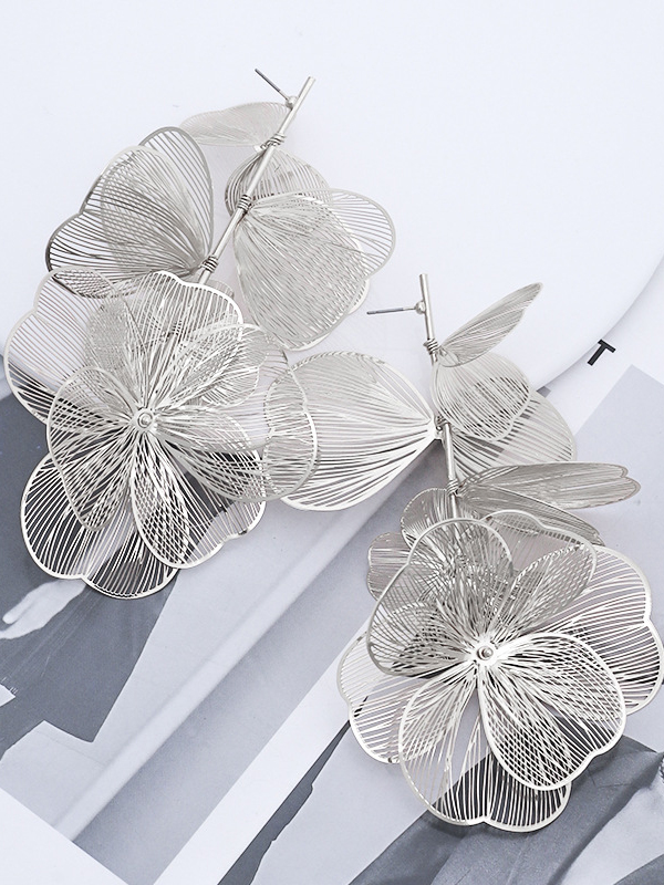 Three-Dimensional Flower Solid Color Drop Earrings SILVER-One_size