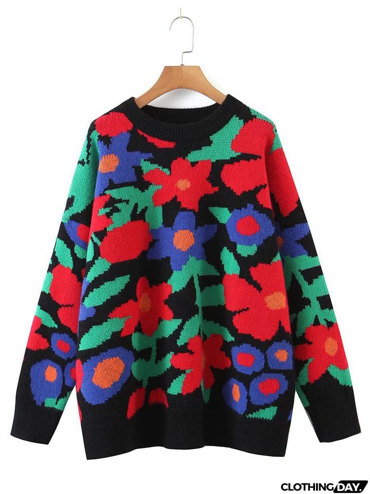 Casual Round Neck Floral Pullover Sweater