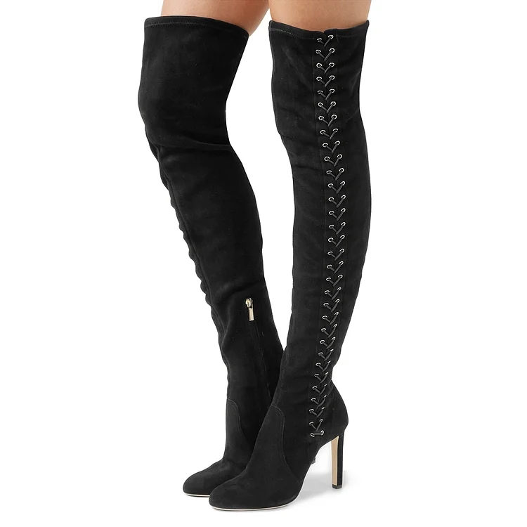 Black Lace Up Thigh High Long Boots |FSJ Shoes