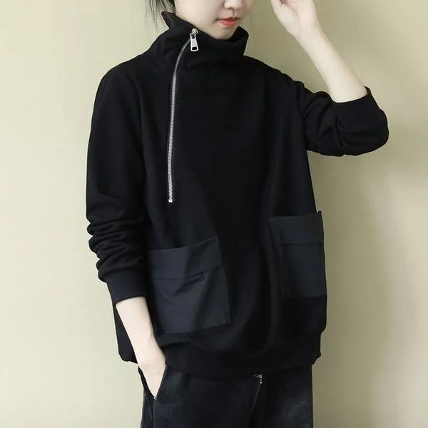 Solid Color Casual Sweatshirt Turtleneck Zippers Patchwork Pocket Black All-match Women Loose Top