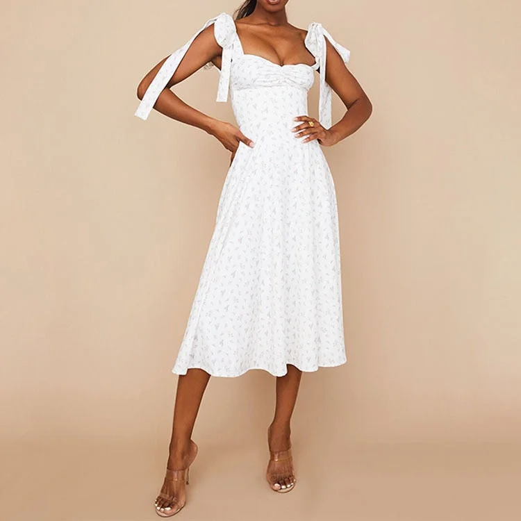 Summer Spring Floral Dress Women&#39;s Sexy Casual Fashion Sundress Midi Slip Backless Pleated Slit White Yellow Lace-up Flowers