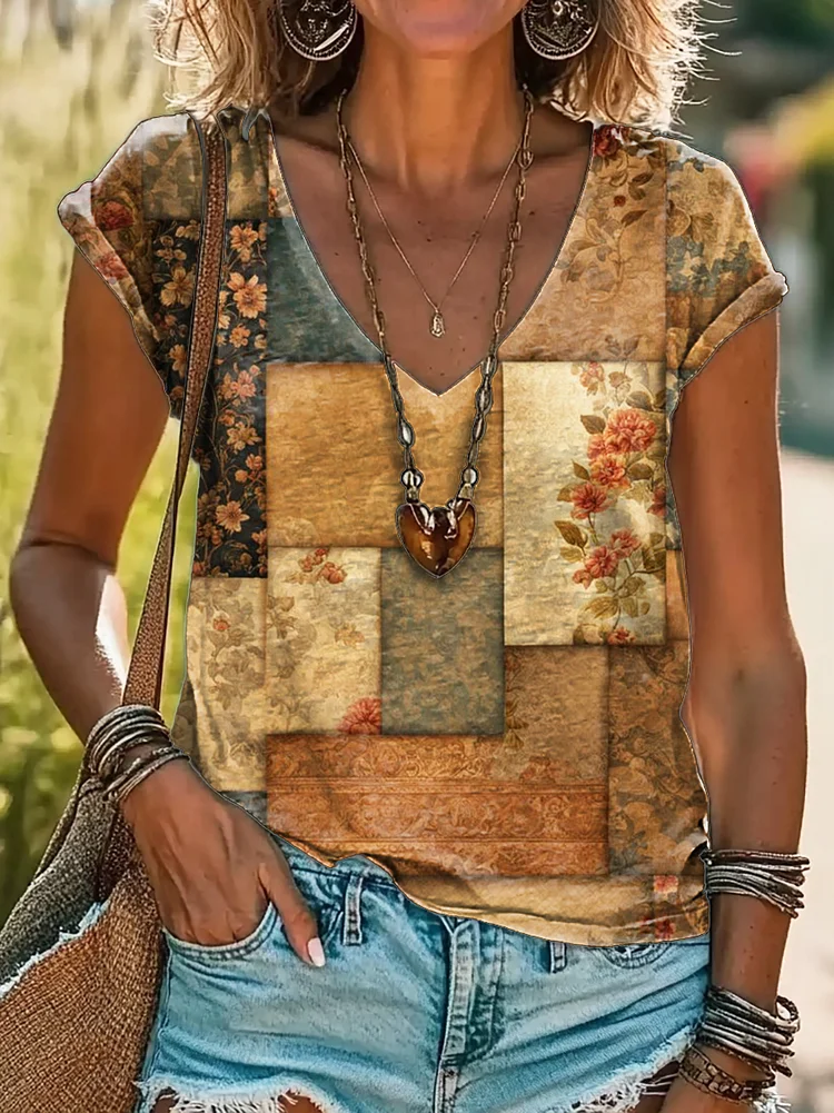 Women's Vintage Floral  Patchwork Art Print 100%Cotton V-neck T-Shirt