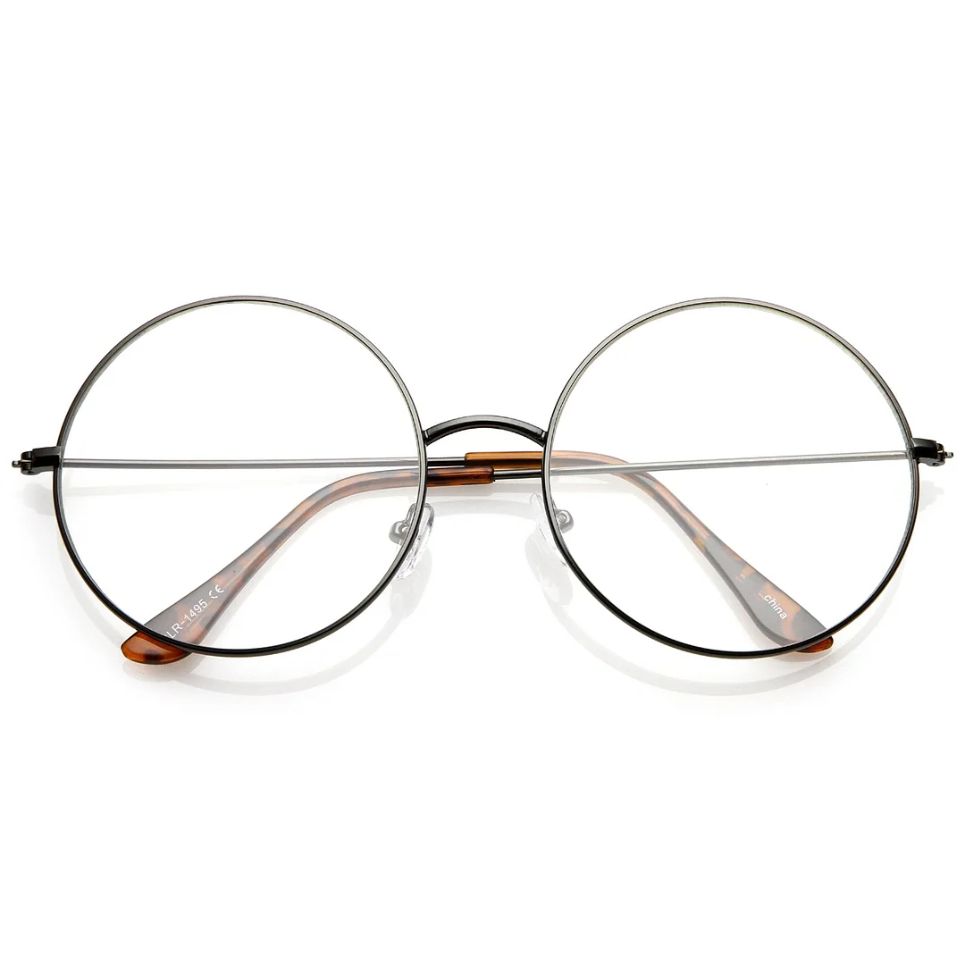 Classic Oversize Slim Metal Frame Clear Flat Lens Round Eyeglasses 56mm