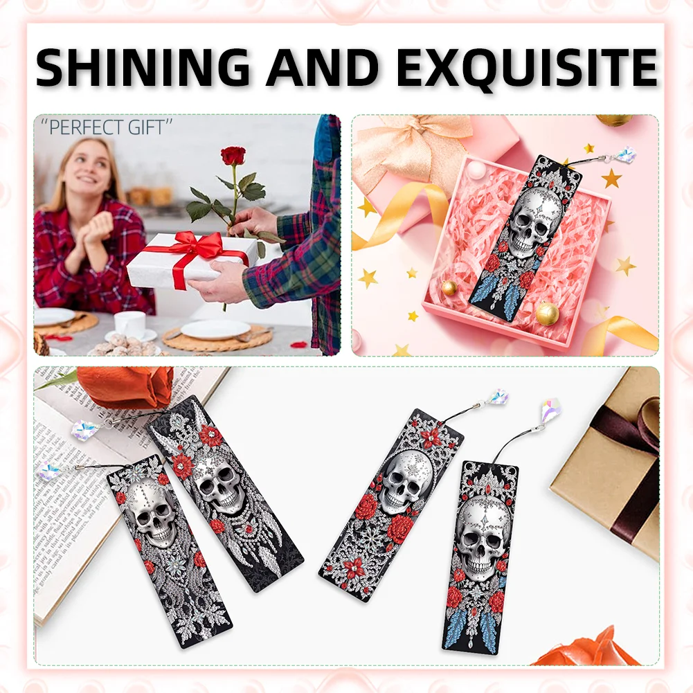 8Pcs DIY Skull Diamond Painting Art Bookmarks with Crystal Pendants for Gift