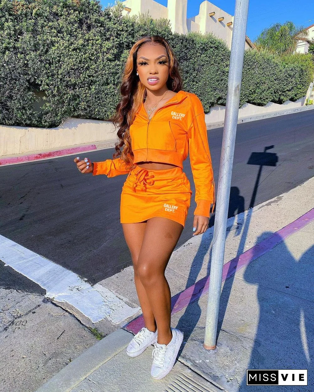 Zip Up Hooded Crop Tops Mini Skirt 2 Piece Sets