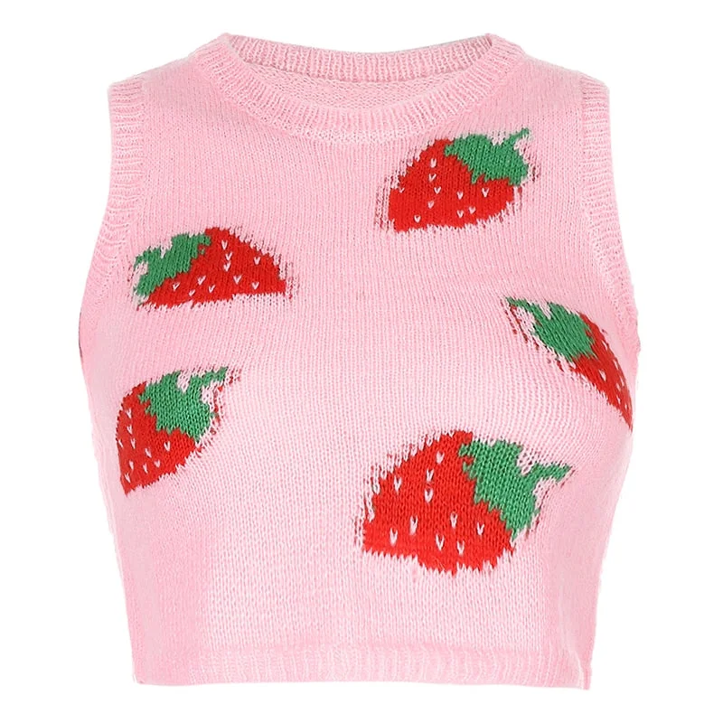 HEYounGIRL Pink Sweat Cute Sleeveless Sweater Vest Women Casual Autumn Strawberry Tank Knitted Crop Top Fashion Streetwear