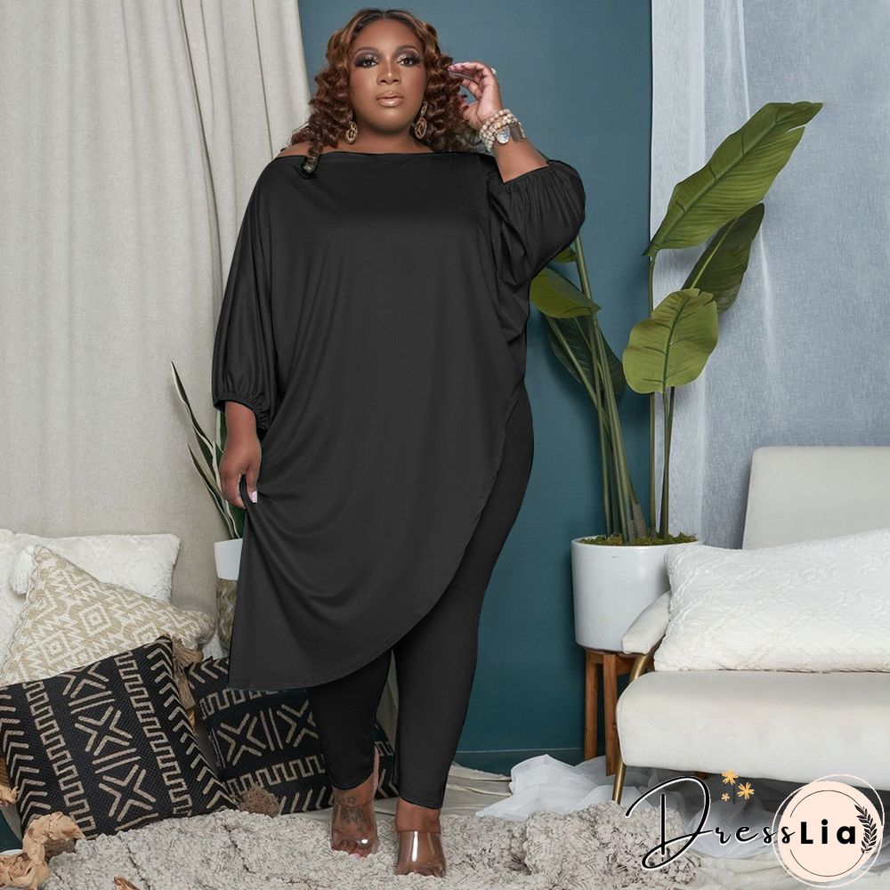 Plus Size Summer Clothes Solid Color Half Sleeve Slant Shoulder Loose Long T Shirt Top Pants 2 Piece Set