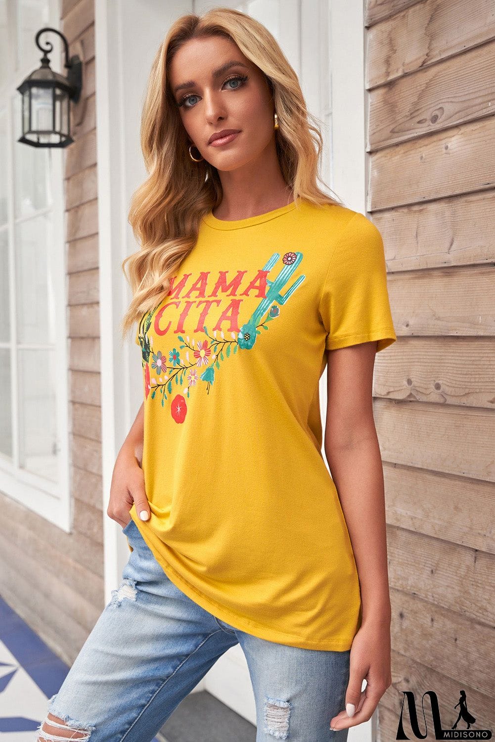 MidiSono - Women Yellow Mamacita with Cactus Casual Short Sleeve Tee