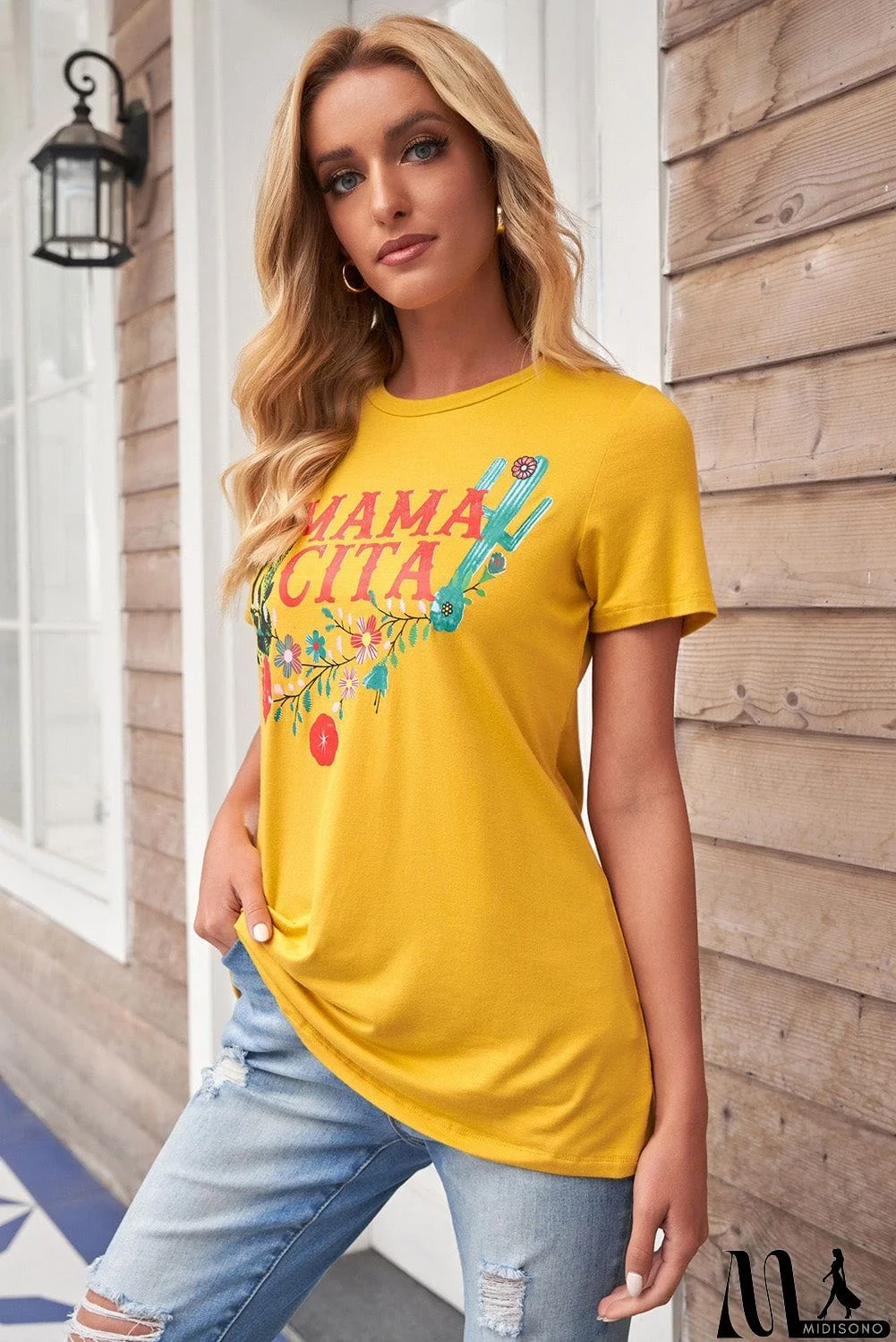 MidiSono - Women Yellow Mamacita with Cactus Casual Short Sleeve Tee