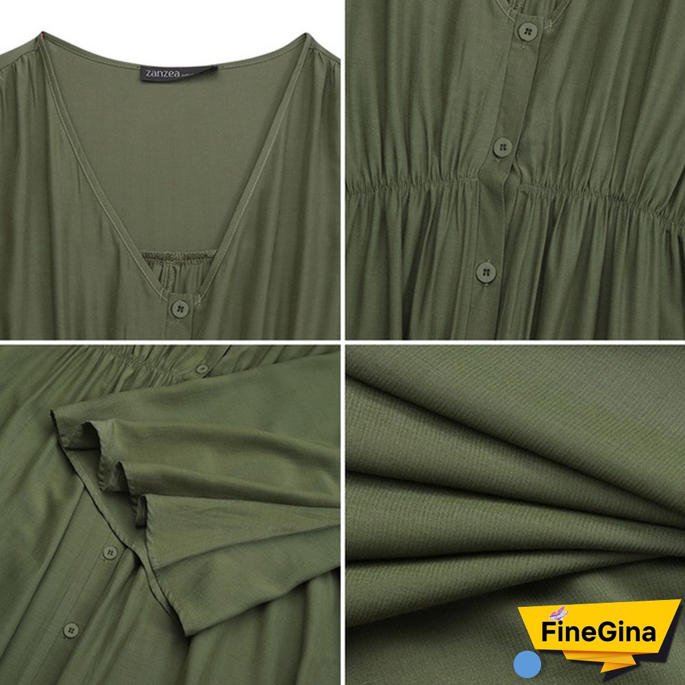 ZANZEA Women Summer V-Neck Long Sleeved Plus Size Casual Loose Long Dress Clubbing Dresses