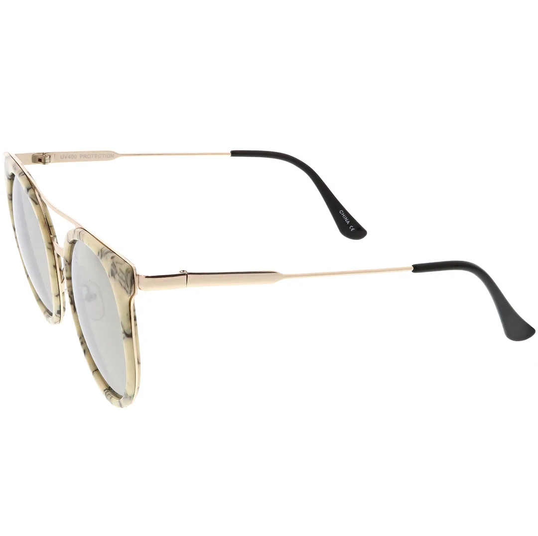 Modern Horn Rimmed glasses Sleek Double Nose Bridge Round Color Mirrored Lens 51mm