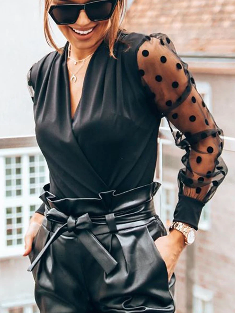 Deep V-Neck Solid Color See-Through Polka Dot Long Sleeves Blouse