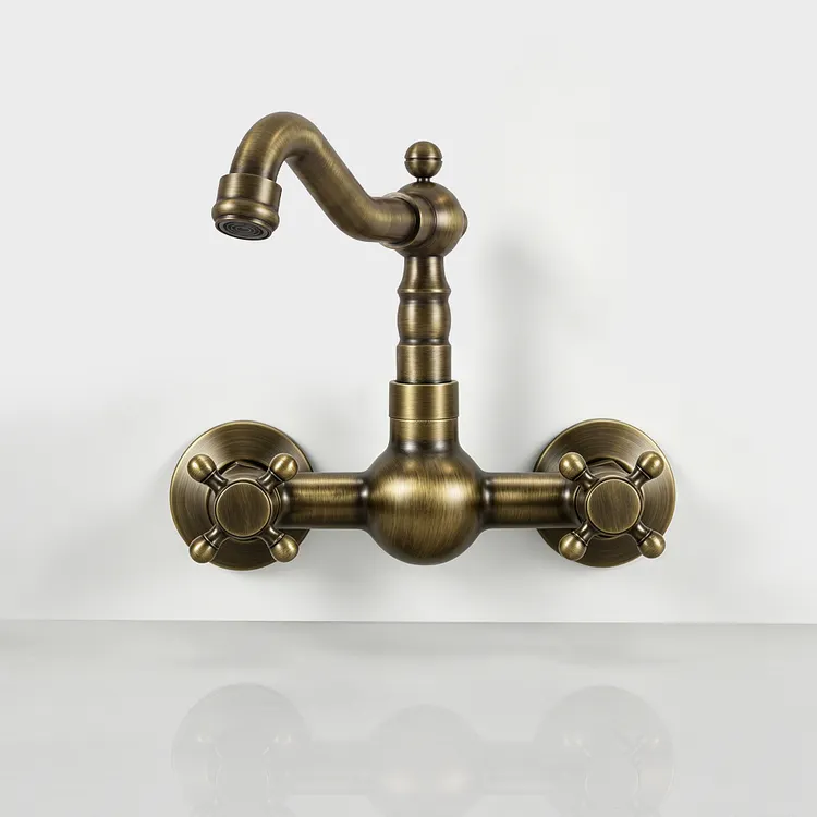 EVERSTEIN Double Handles Wall Mount Bathroom Sink Faucet in Antique