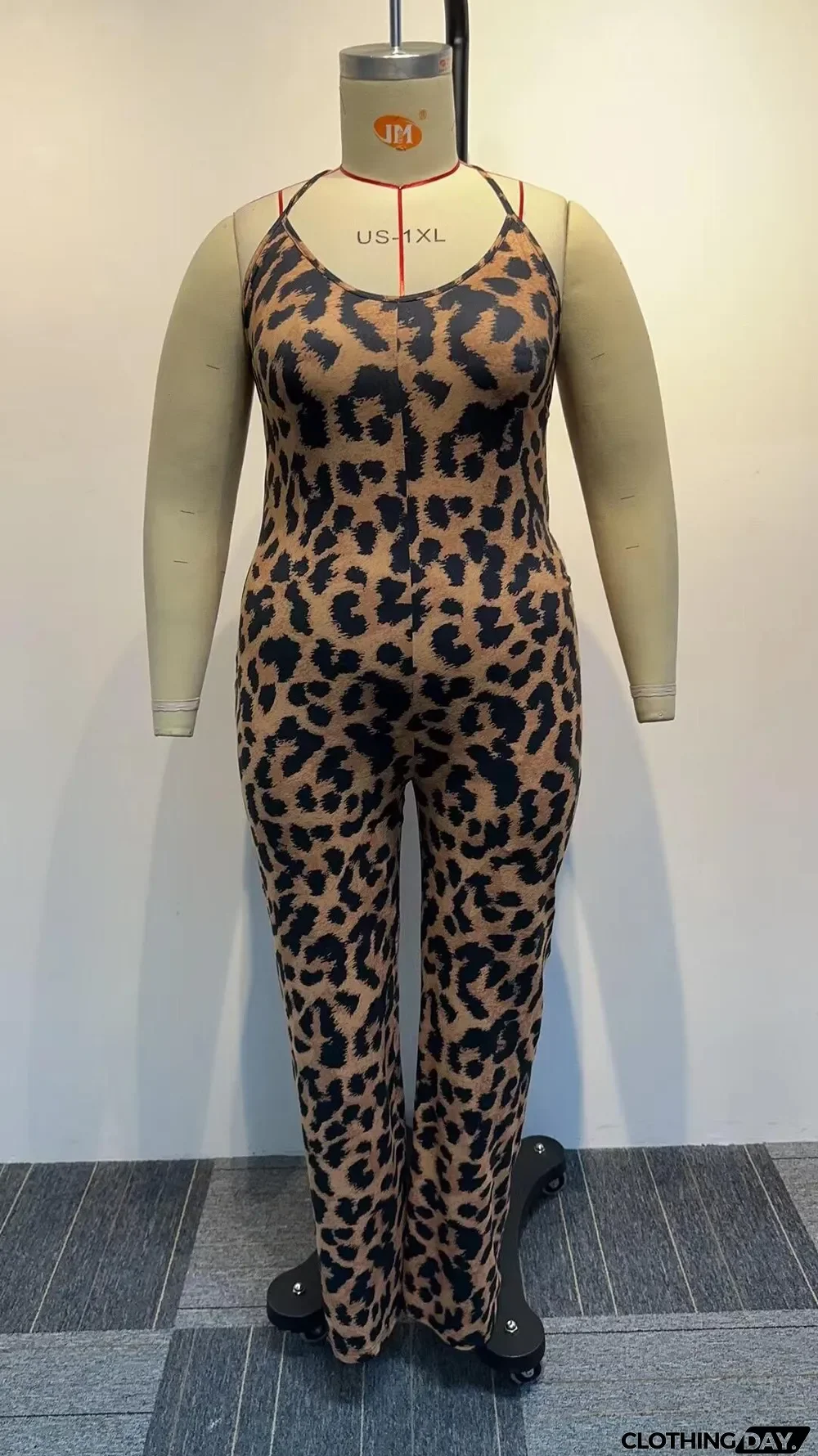 Plus Size Leopard Print Backless Bandage Jumpsuit