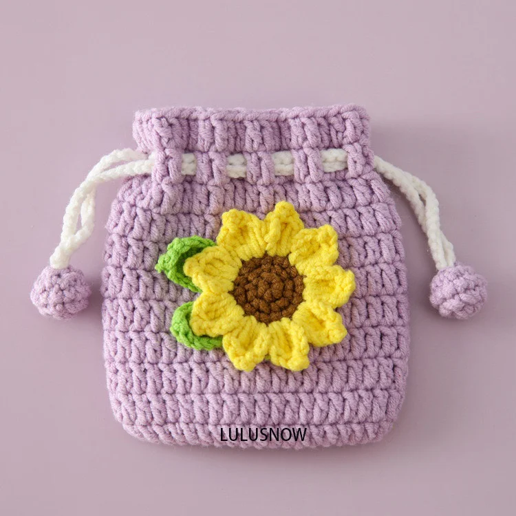 Lulusnow Handmade Purple Sunflower Crochet Coin Purse Crochet Mini Drawstring Bag Gift for Her/Friend/Kids