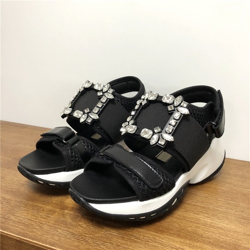Women Sandals Summer Crystal Open Toe Velcro Flat Platform Girl Shoes Square Buckle Thick Bottom Sexy Sandy Beach Zapatos Mujer