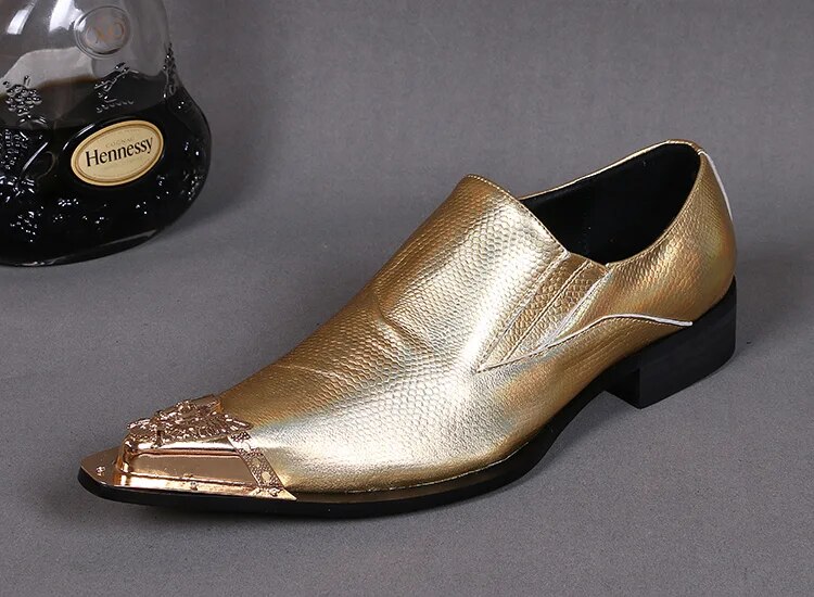 VCSHOES 19 Male Golden Serpentine Real Leather Shoes Metal Carved Pointed Toe Men's Party Dress Shoes