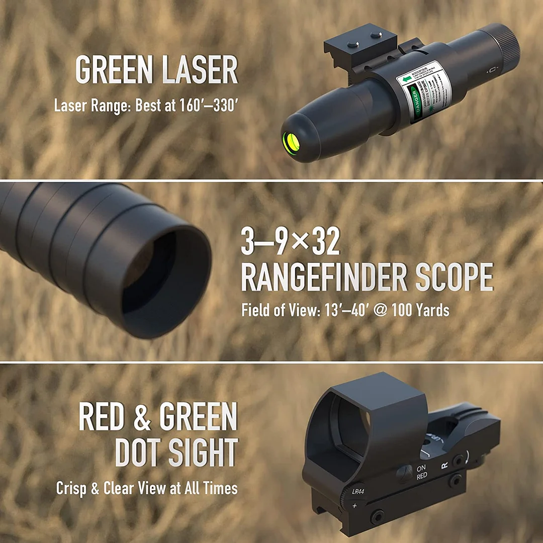 ohhunt® Rifle Scope Combo, 3-9x32 Rangefinder Scope, Red & Green Dot Sight, Laser