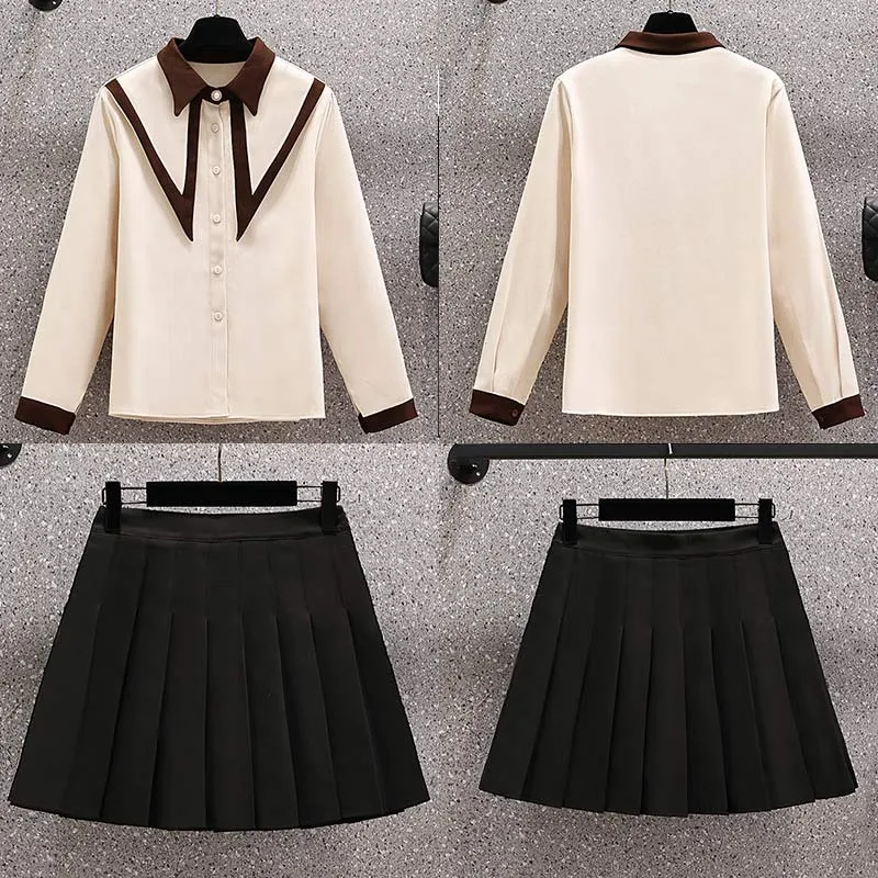 Lapel Shirt Pleated Skirt Two Piece Set