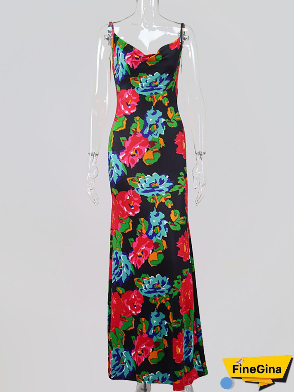 NewAsia Floral Maxi Dress Women Cowl Neck Spaghetti Strap Backless Print Beach Dresses Woman Party Night Sexy Long Dress Black