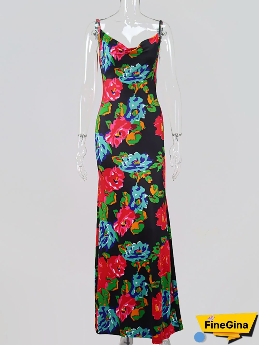 NewAsia Floral Maxi Dress Women Cowl Neck Spaghetti Strap Backless Print Beach Dresses Woman Party Night Sexy Long Dress Black