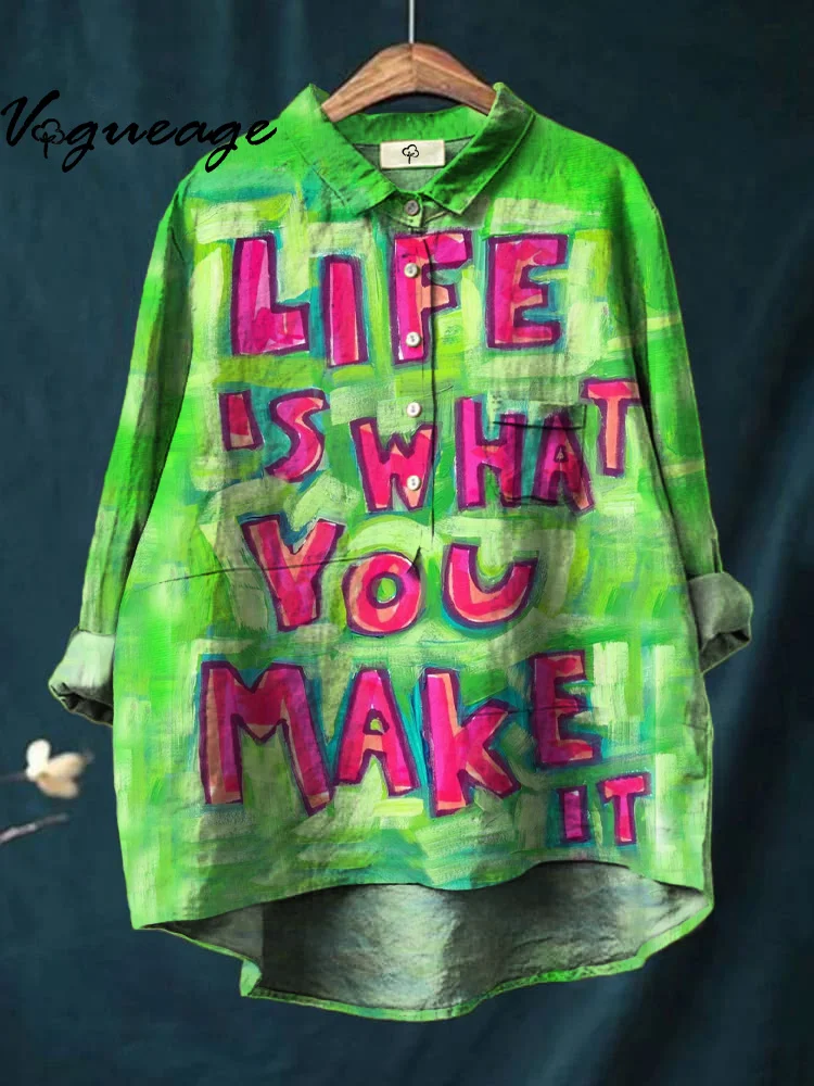 Fashionable Bright And Vivid Letters Print Cotton And Linen Shirt