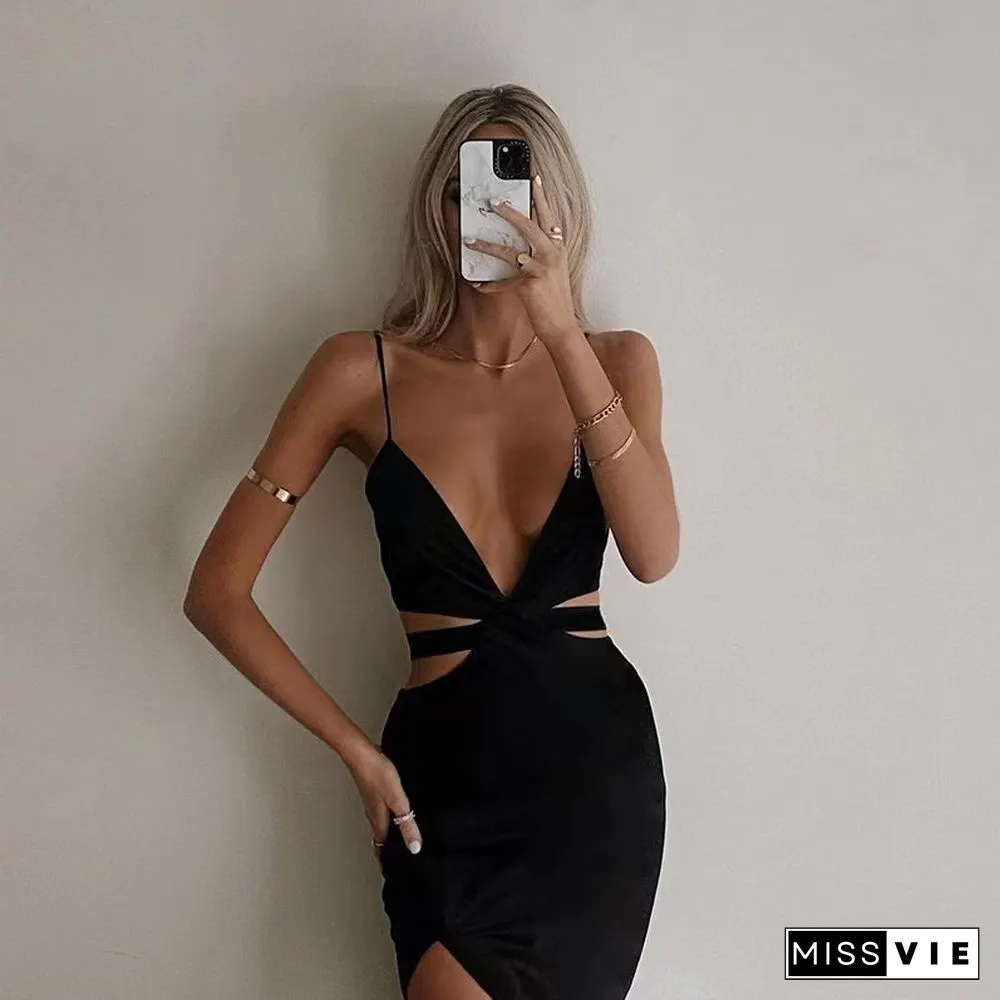 Sexy Cutout Midi Dress For Women Club Party Outfits With Black Elegant Straps Neck Bodycon