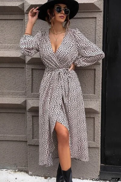 Slit Printed Surplice Balloon Sleeve Dress
