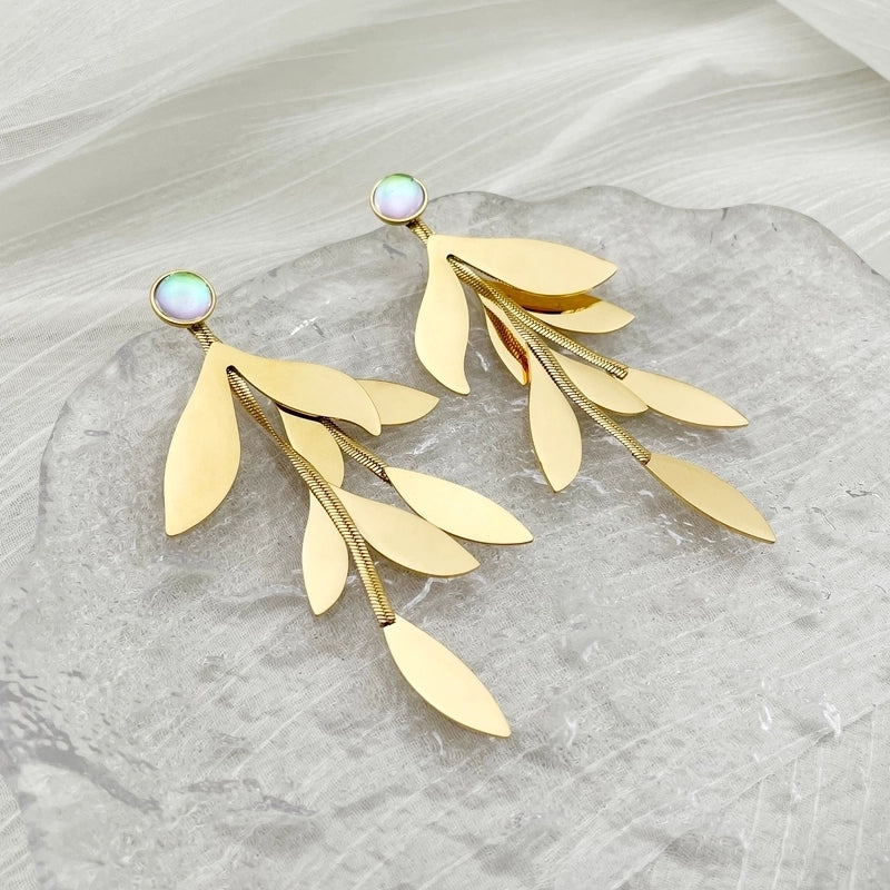 1 Pair Casual Minimalist Commute Leaves Inlay 304 Stainless Steel Pearl 14K Gold Plated Drop Earrings