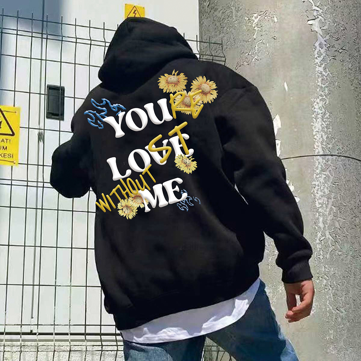 Fashion Street Flowers Letter Print Fleece-Lined Hoodie