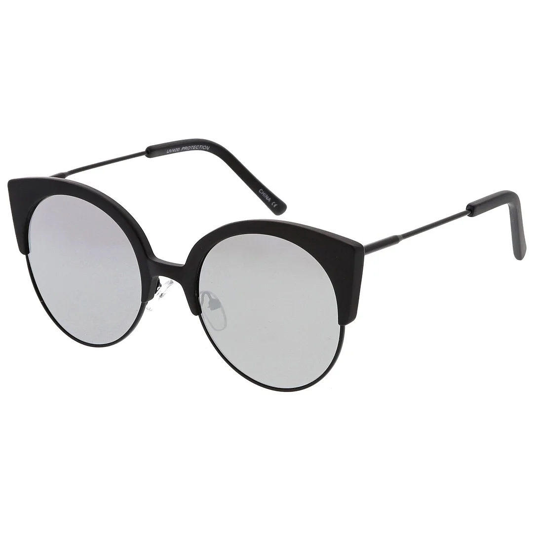 Women's Half Frame Cat Eye glasses Ultra Slim Arms Mirrored Round Flat Lens 53mm