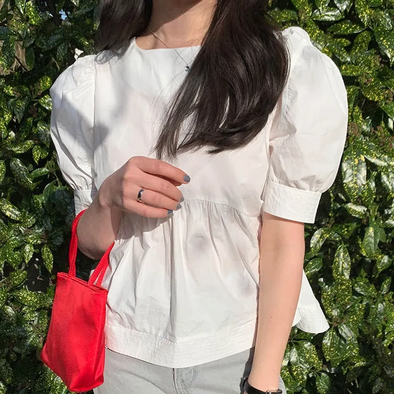 Summer New 2021 Solid Cotton White Blouse Korean Version Sweet Cute Round Collar Bubble Short Sleeve Shirt Blusa Feminina 14038