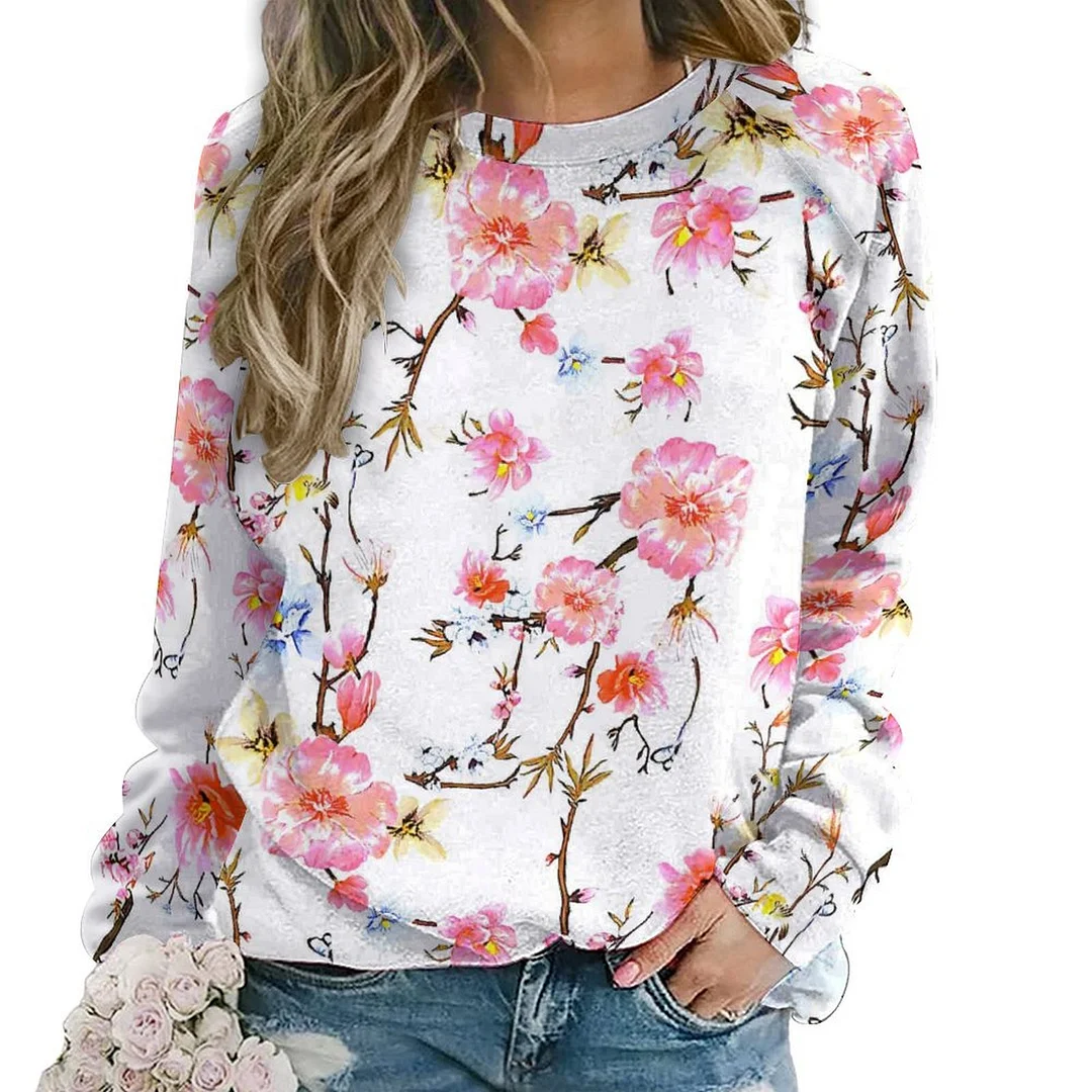 Printed Long Sleeve Casual Sweatshirt for  Women and Men Unisex Pattern Floral, Pink, Red