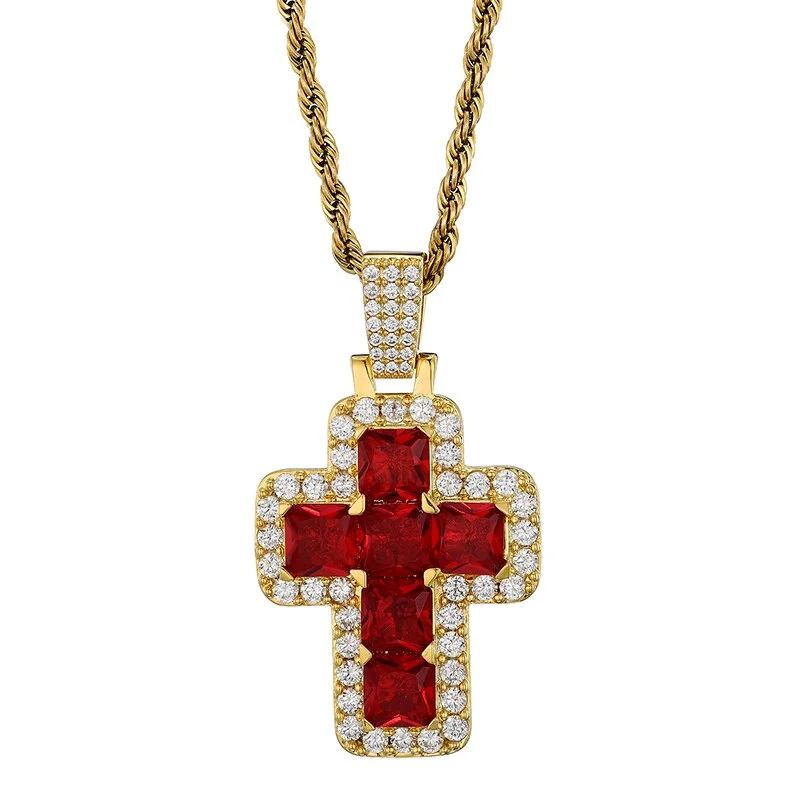 Iced Out Red Zircon Cross Pendant Hip Hop Charm Necklace Jewelry Gift-VESSFUL