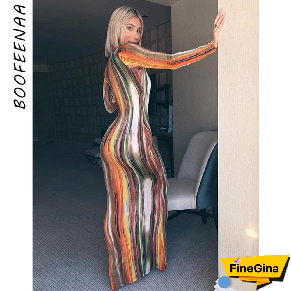 BOOFEENAA Stripe Tie Dye Print Sexy Maxi Dress Spring Casual Long Dress Women Nightclub Long Sleeve Bodycon Dresses C70CC31