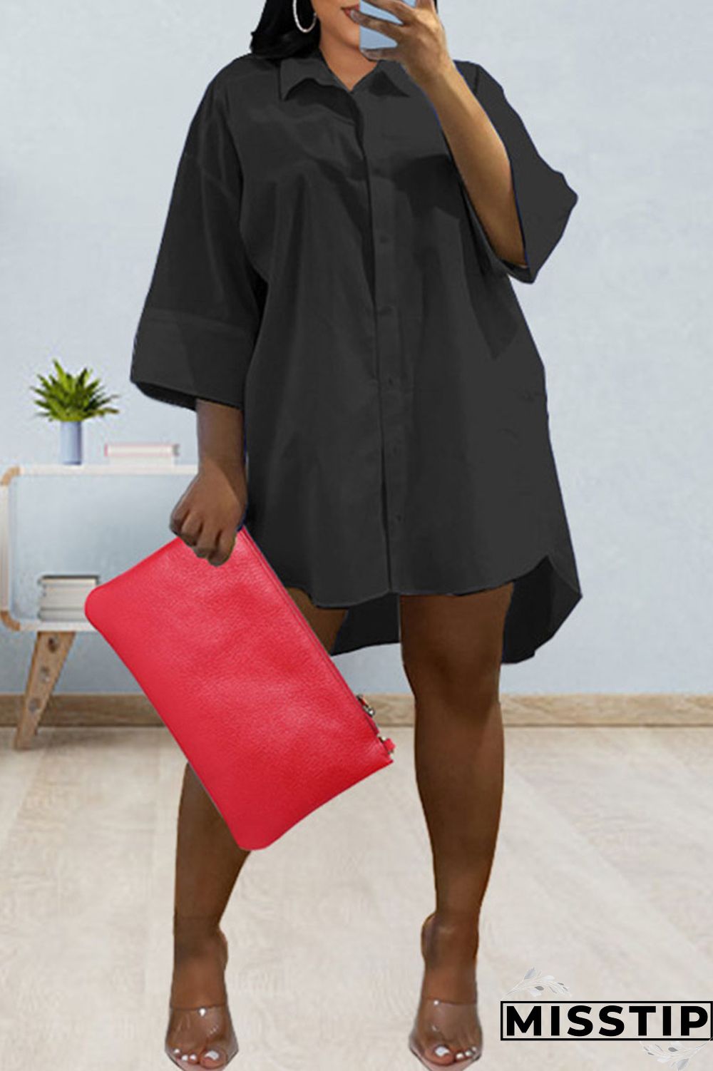 Green Casual Solid Patchwork Buckle Turndown Collar Shirt Dress Dresses