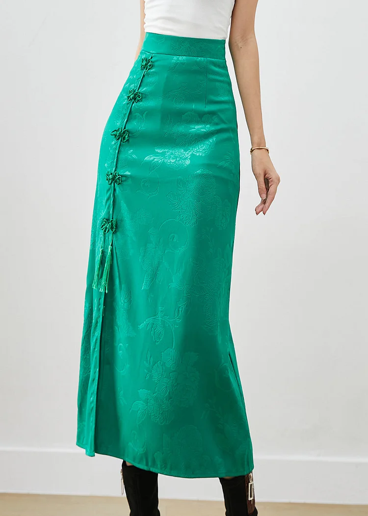 Women Green Jacquard Chinese Button Silk Wraped Skirt Fall