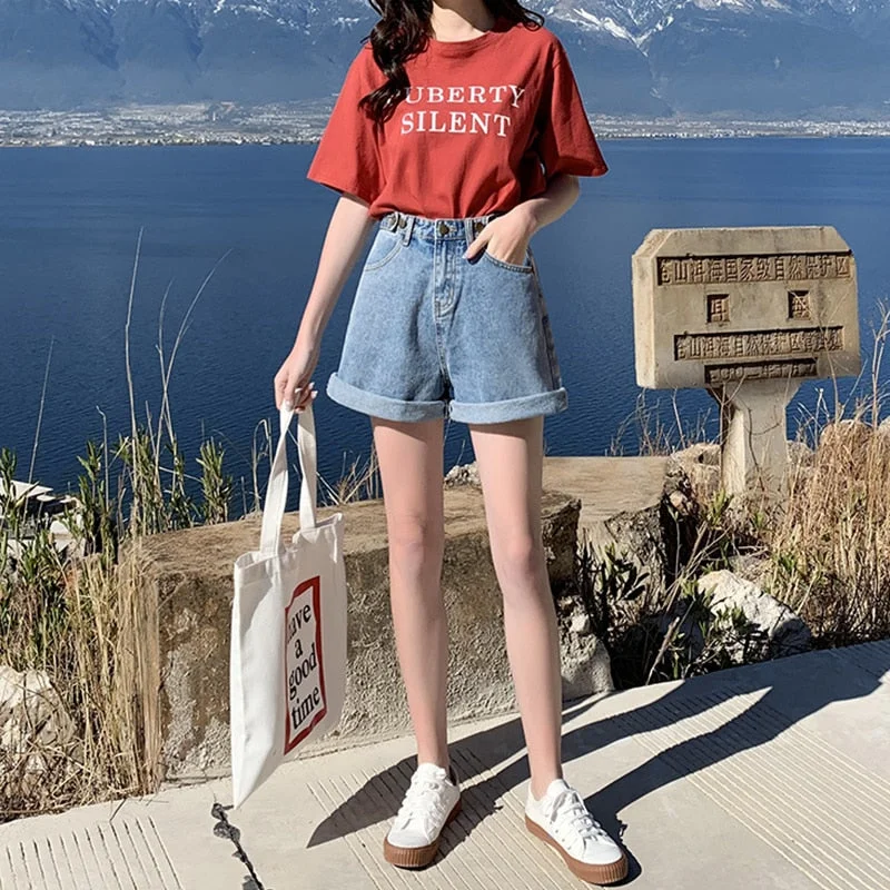 FTLZZ New Summer Women High Waist Wide Leg Denim Shorts Casual Female Loose Fit Streetwear Solid Color Straight  Jeans Shorts