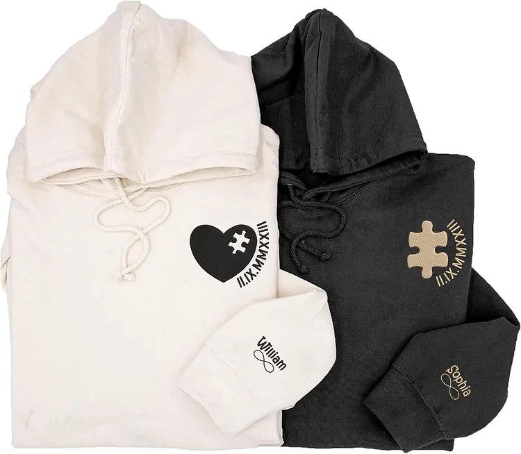 Personalized Heart and Puzzle with Roman Numeral Embroidered Matching Couple Sweatshirt