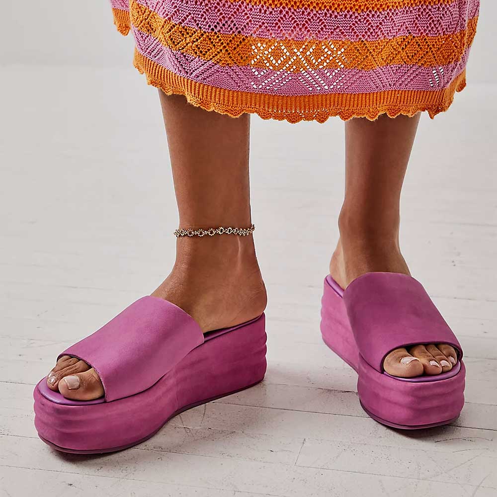 Purple Vegan Leather Platform Wedge Heel Slip On Sandals with Open Toe Nicepairs