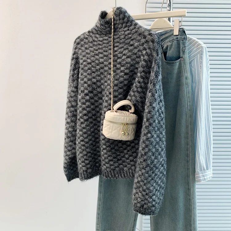 Athvotar Athvotar Women's Cotton Cashmere Lattice Half-High-Collar Sweater Korean Version Of The Student's Dress Dress Nice Hair Knitted Shirt