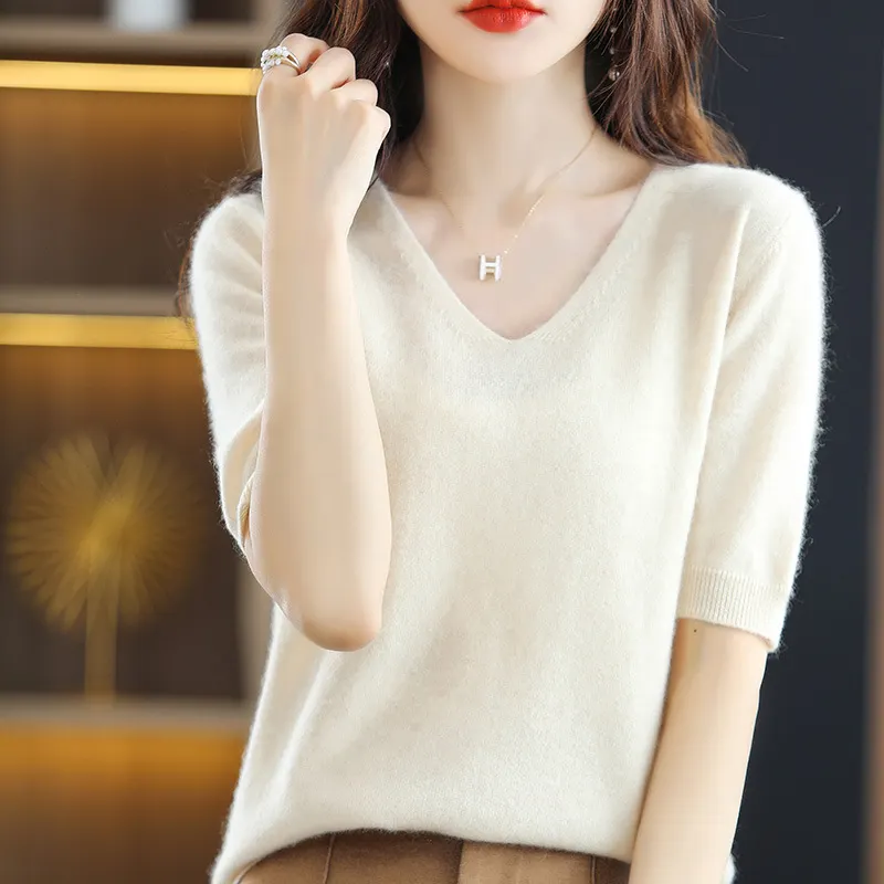Churchf Churchf 2024 New Short-Sleeved Sweater Women's T-Shirt Solid Color V-Neck Short-Sleeved Bottom Shirt Top Thin Style A Hair