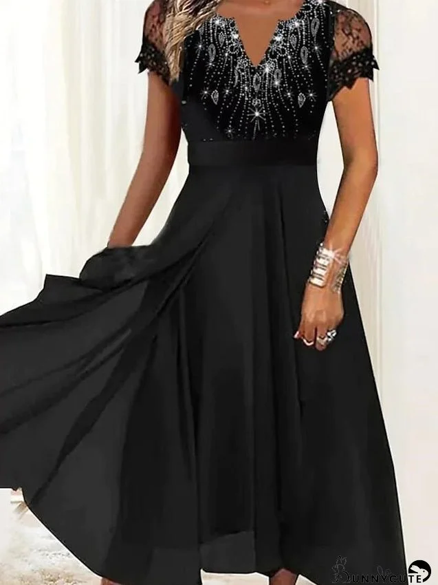 Casual Dress Chiffon Dress Swing Dress Graphic Lace Patchwork V Neck Midi Dress Fashion Streetwear Outdoor Daily Short Sleeve Regular Fit Black Summer Spring S M L XL XXL for Women